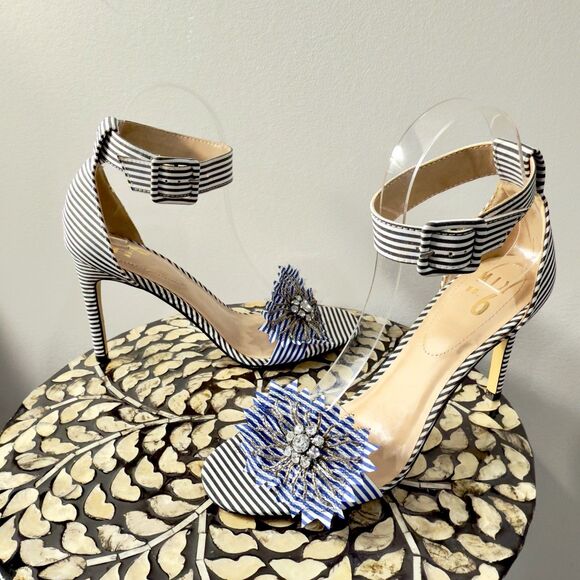 Mix No. 6 Shoes - Mix No. 6 Lole Black Blue and White Stripe Heels w Flower Rhinestone Sandals 8.5